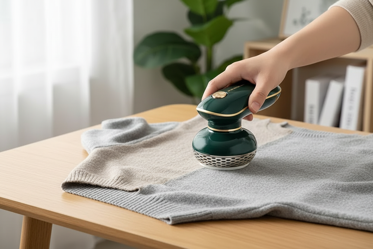 Electric Fabric Shaver – In Use Shot